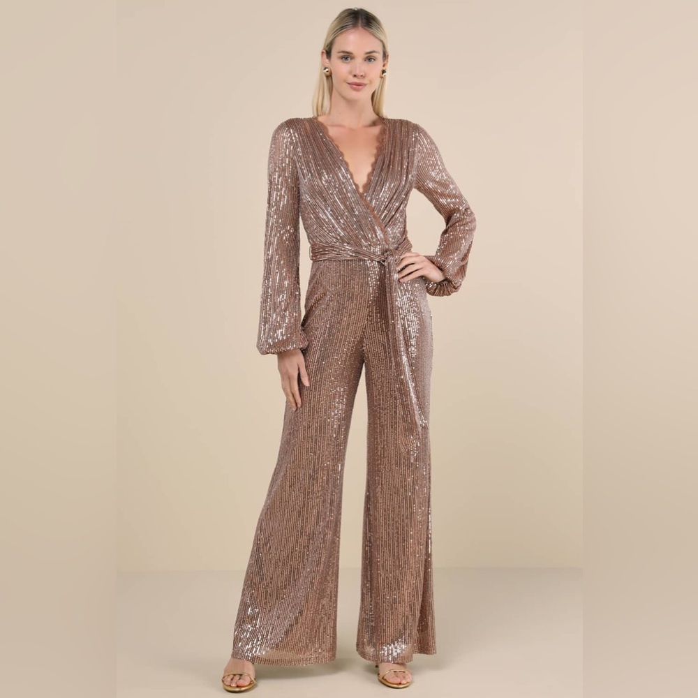 Lulus - Effervescent Attitude Bronze Mesh Sequin Long Sleeve Jumpsuit